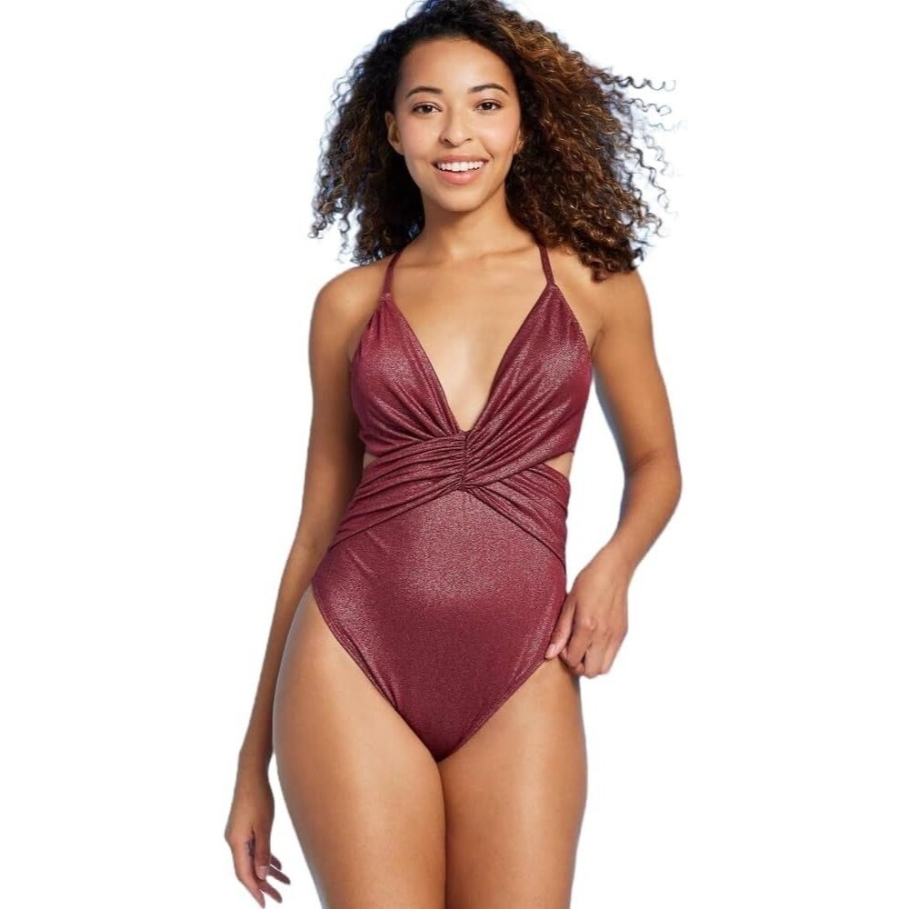 Shade & Shore Women's Monokini Plunge Cut Out High Leg Lurex One Piece Swimsuit